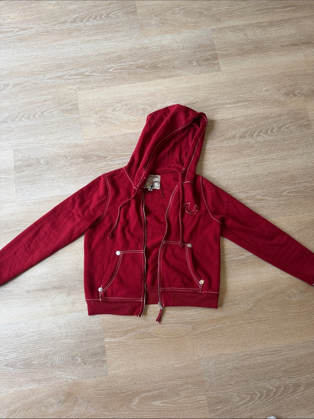 True Religion Red Hooded Zip Sweater Vest